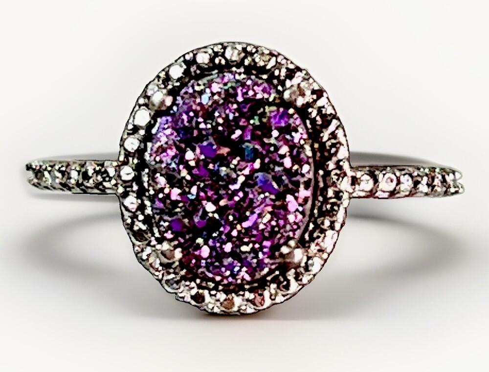 Sterling Silver 925 Purple Druzy Quartz Oval Halo CZ Statement Ring Size 5.25